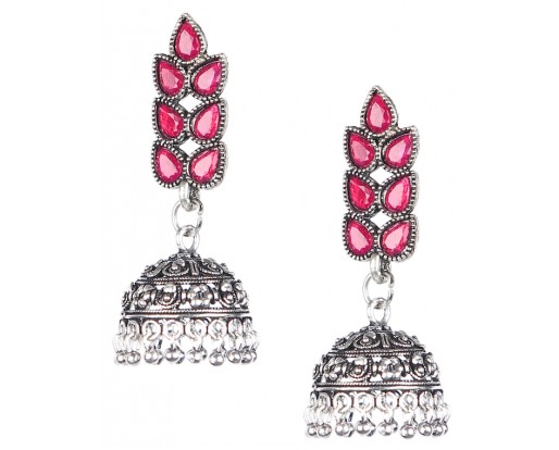 RHINESTONES Silver Oxidized Earrings Jhumka Jhumki Bali Imitation Indian Bollywood Ethnic Wedding Jewelry H38